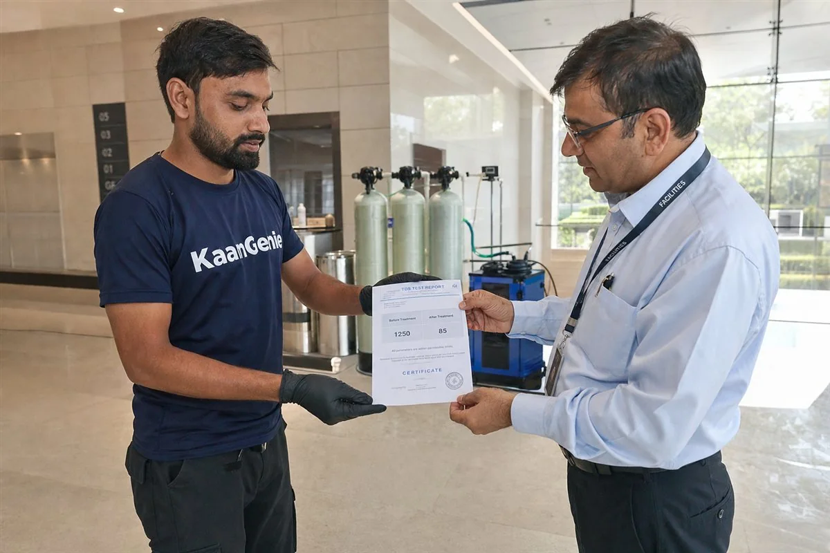 KaamGenie technician taking a TDS meter reading after refilling a cleaned commercial water tank at a Gurgaon office, completing the cleaning certificate