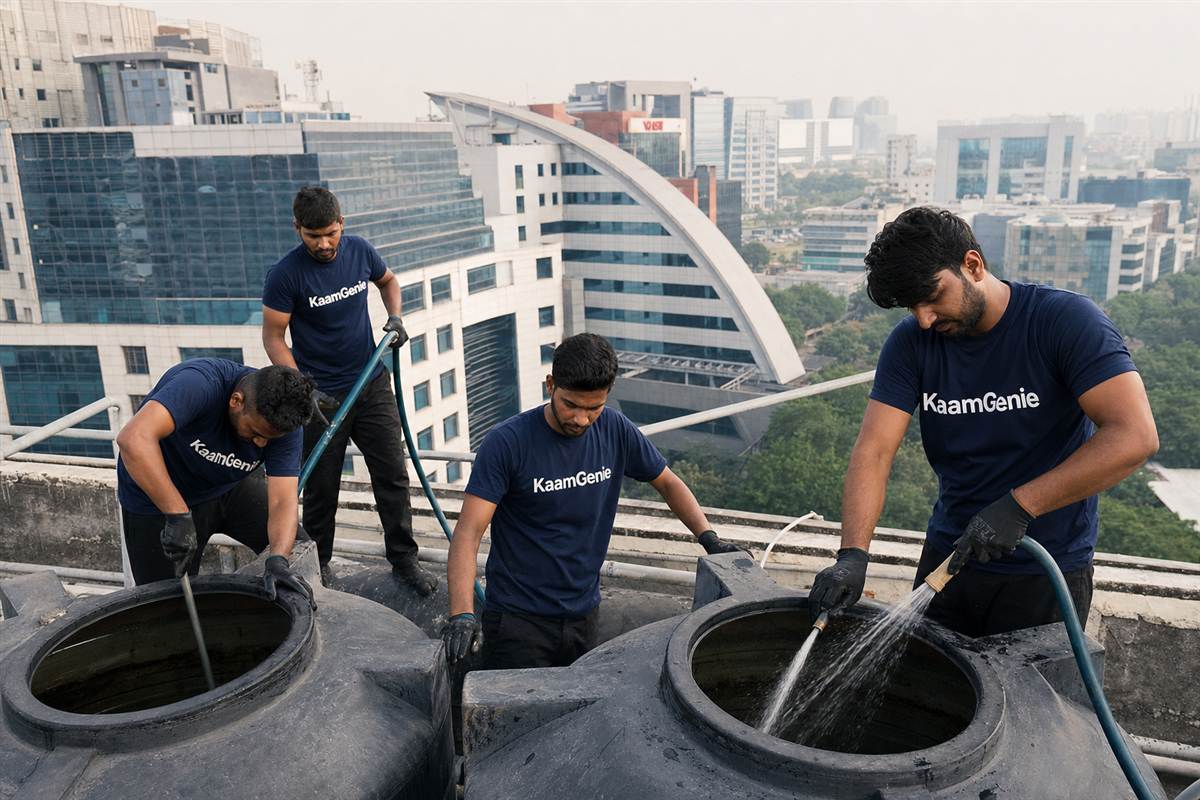 KaamGenie crew cleaning a commercial rooftop water tank on a Noida office building with an IT park skyline behind