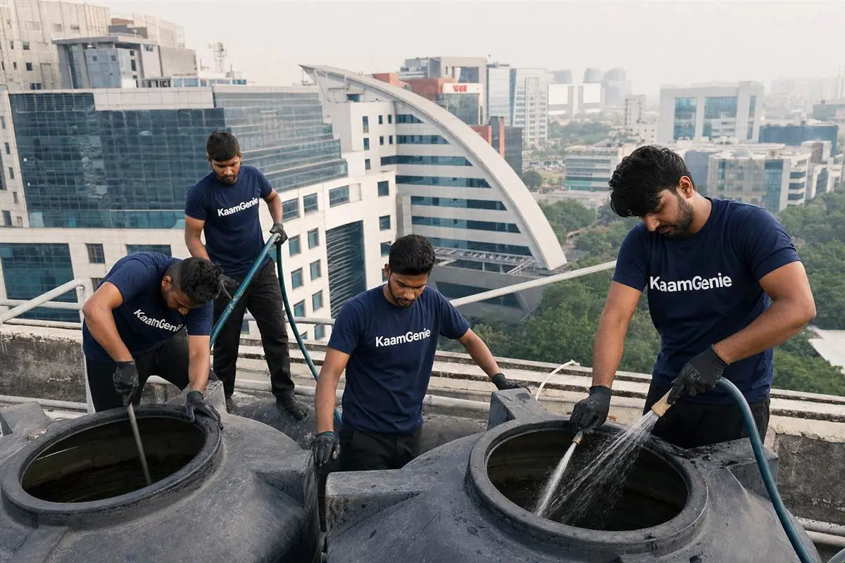 KaamGenie crew cleaning a commercial rooftop water tank on a Noida office building with an IT park skyline behind