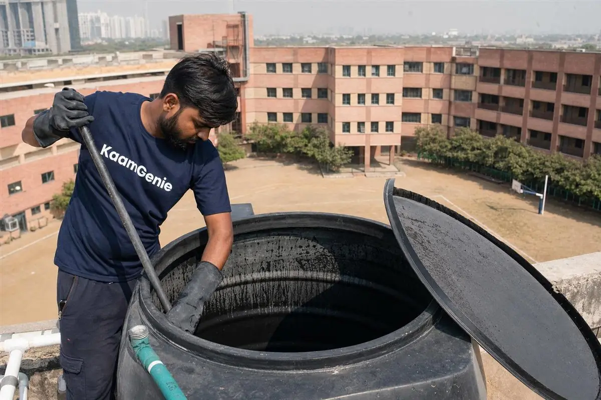KaamGenie crew cleaning a large rooftop water tank on a Noida corporate office building after hours, with IT-park towers in the background