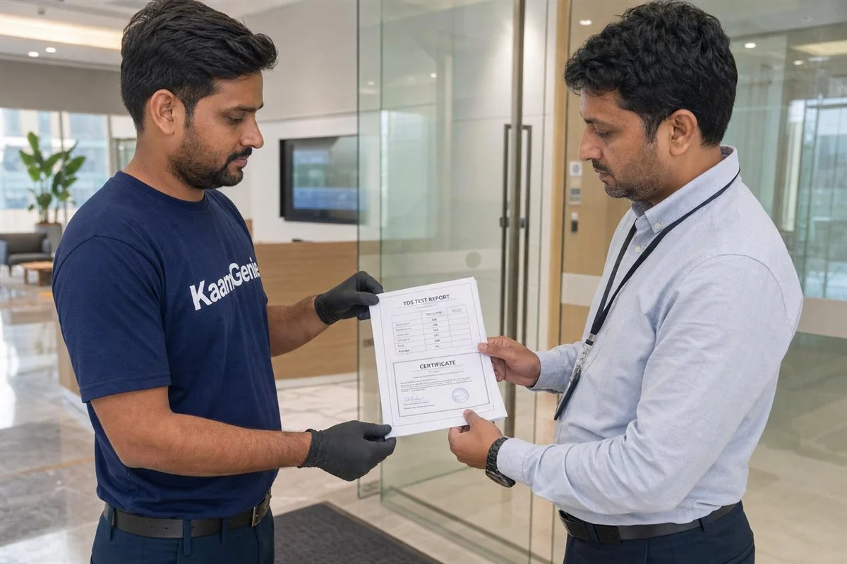 KaamGenie crew member documenting a per-tank cleaning certificate beside a commercial underground reservoir in a Noida building basement