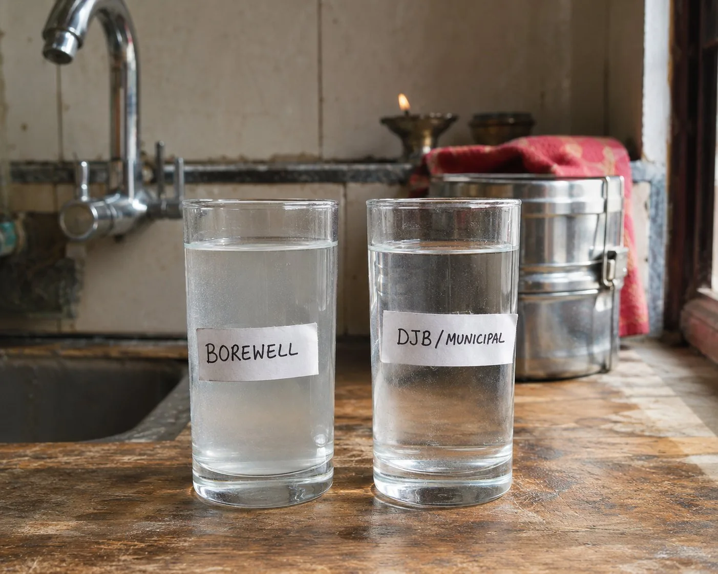 Two glasses on a Delhi kitchen counter - one labeled BOREWELL with a faint chalky mineral haze, the other labeled DJB / MUNICIPAL with clearer water - showing the visible difference in mineral content