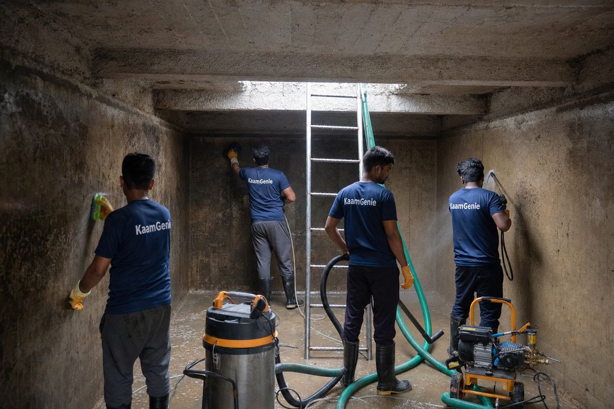 KaamGenie crew scrubbing the rough interior walls of a large RCC concrete water tank in an older Delhi kothi