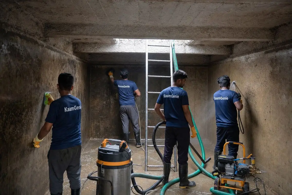 KaamGenie crew scrubbing the rough interior walls of a large RCC concrete water tank in an older Delhi kothi