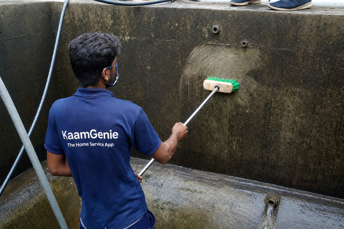 KaamGenie crew scrubbing the rough interior walls of a large RCC concrete water tank in an older Delhi kothi