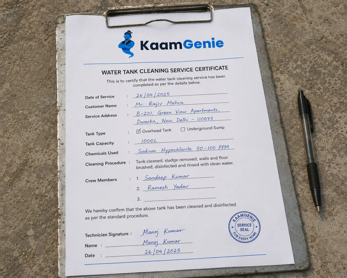 Close-up of a completed water tank cleaning record on a clipboard with date, tank capacity, chemicals used, crew names, and signature visible