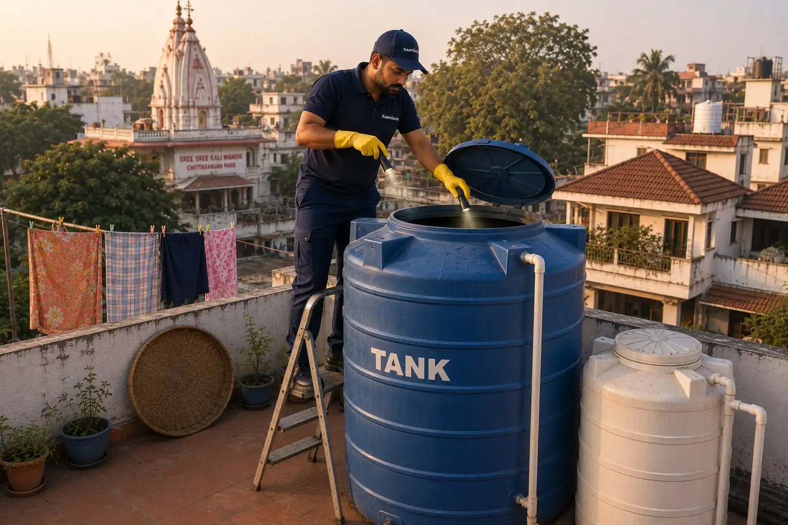 KaamGenie crew member cleaning an overhead water tank on a CR Park D Block house rooftop