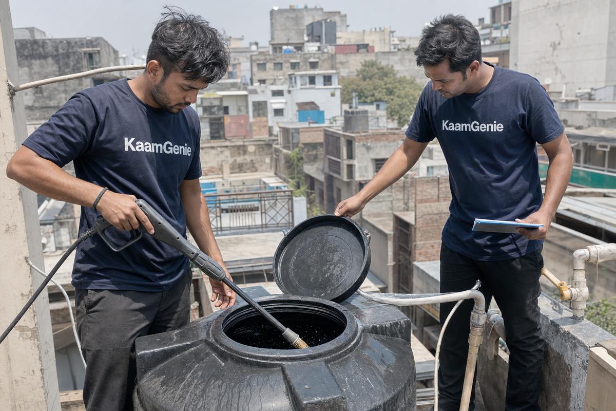 KaamGenie crew cleaning a water tank in Dariba Kalan, North Delhi