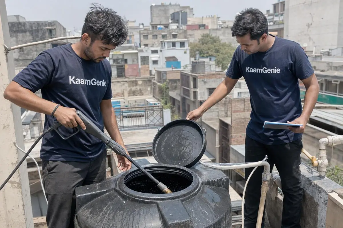 KaamGenie crew cleaning a water tank in Dariba Kalan, North Delhi