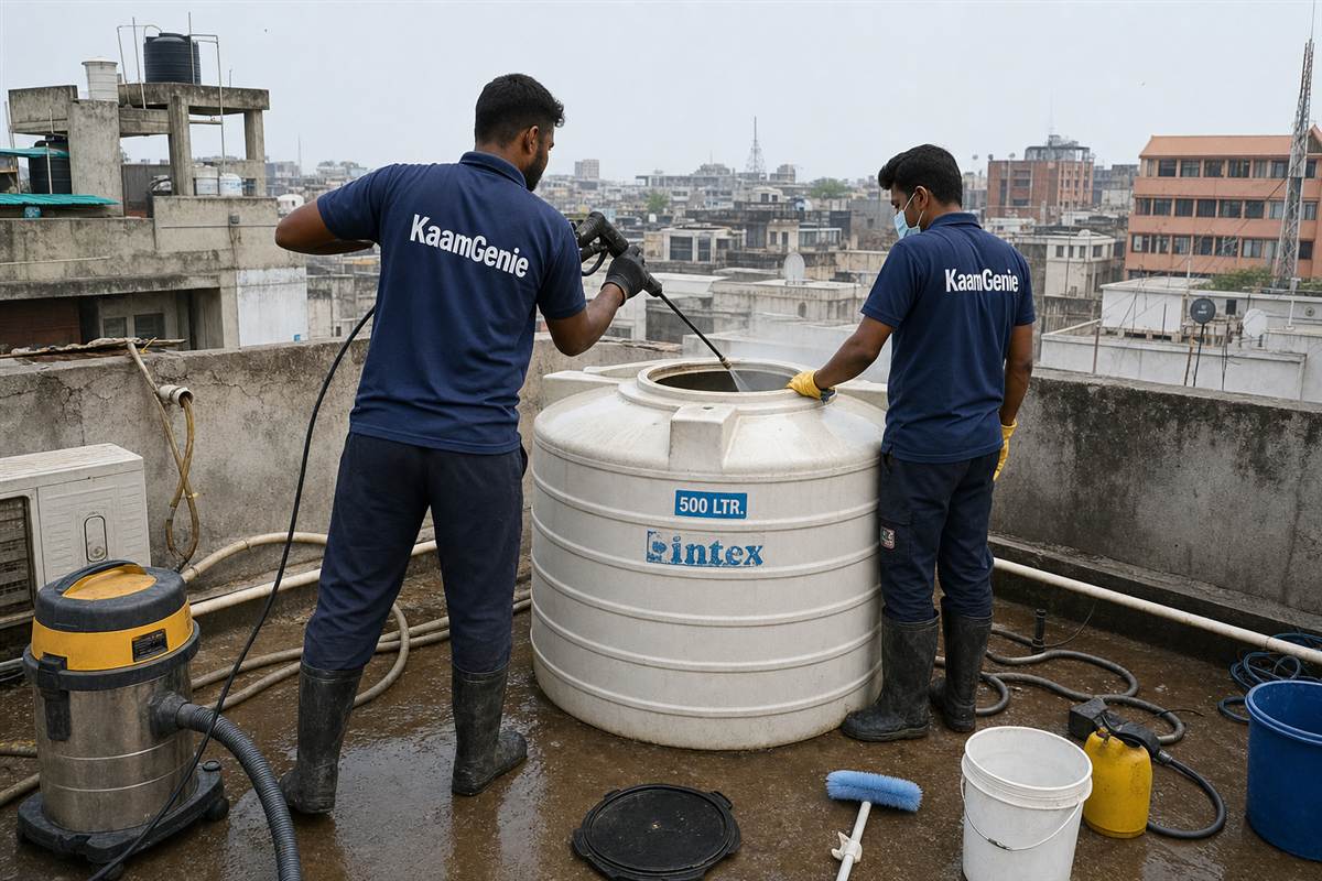KaamGenie crew cleaning a water tank in Daryaganj, Delhi