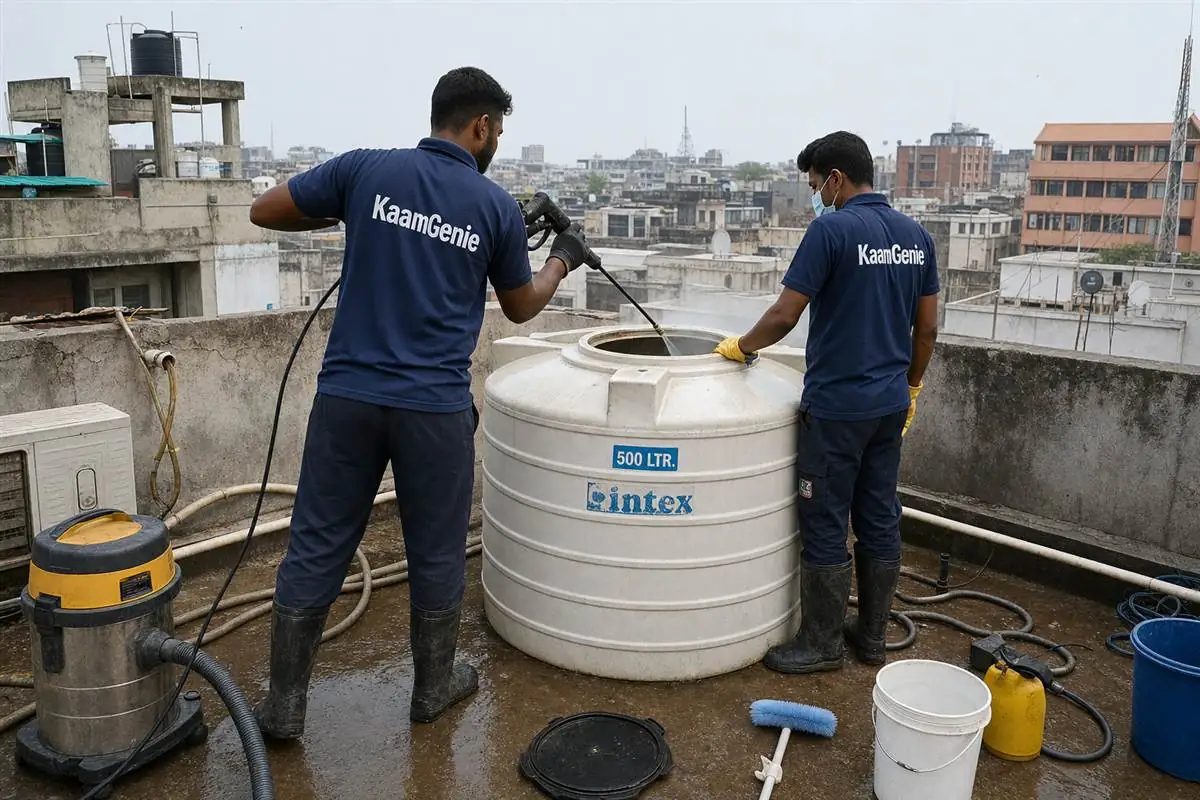 KaamGenie crew cleaning a water tank in Daryaganj, Delhi