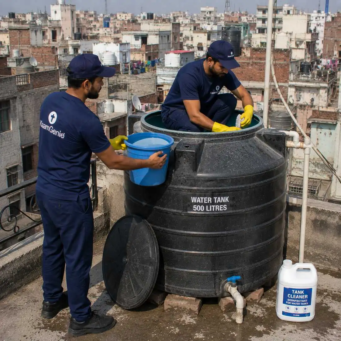 KaamGenie crew cleaning a water tank in Dayalpur, East Delhi