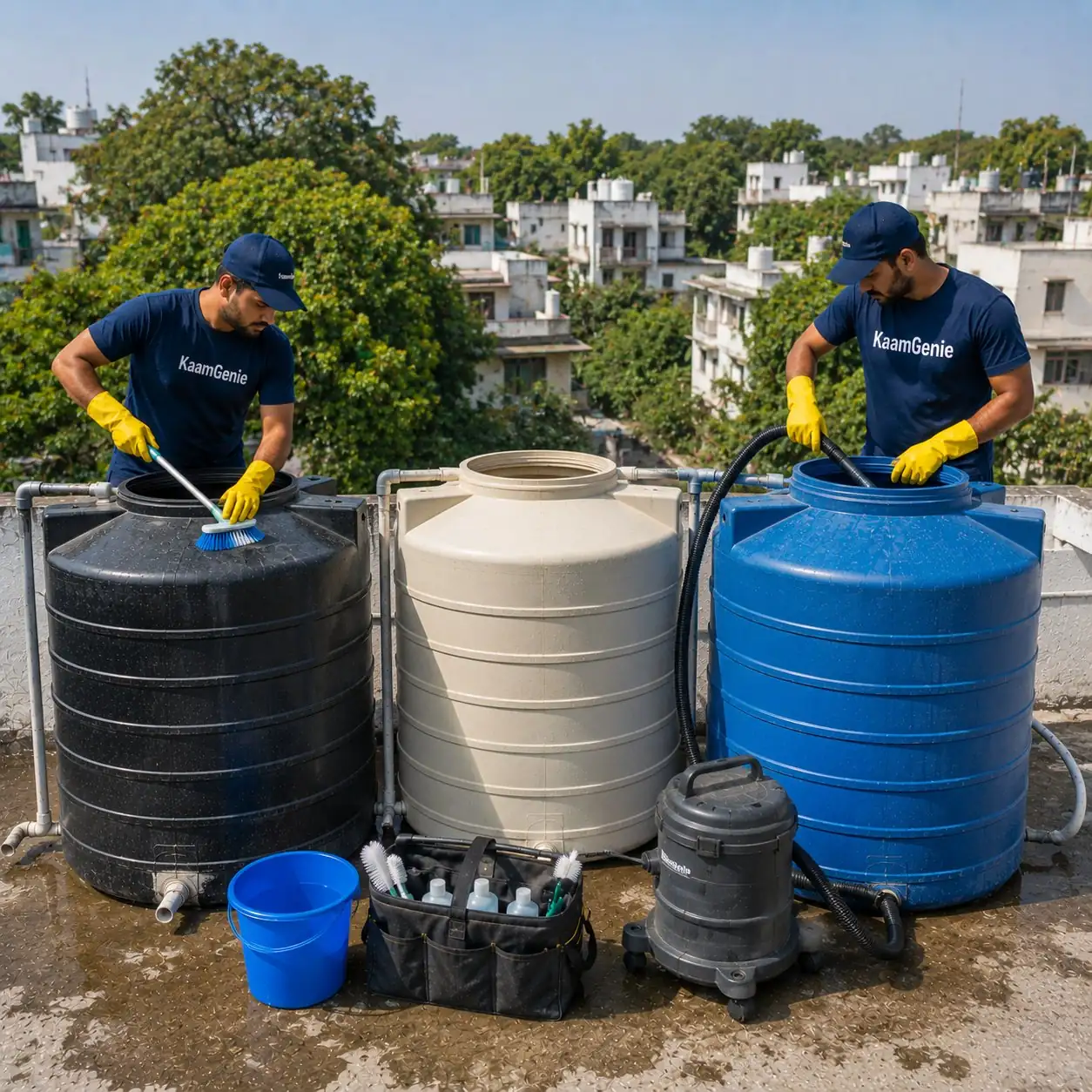 KaamGenie crew cleaning rooftop overhead water tanks on a Defence Colony C Block kothi