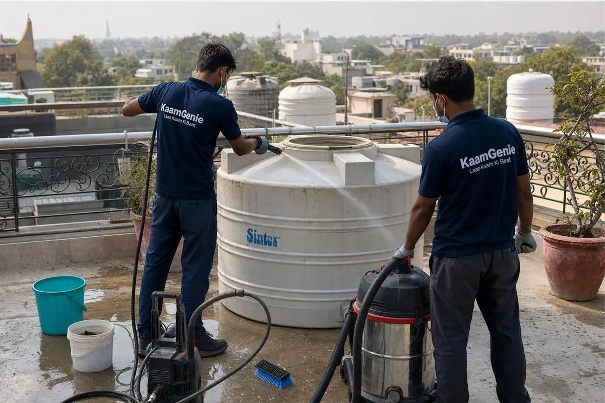 KaamGenie crew cleaning a water tank in Delhi Cantt, Delhi
