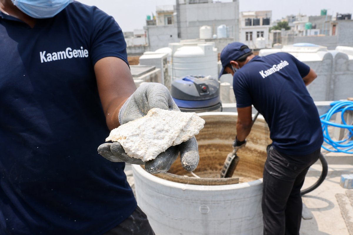 Mineral scale flake removed from a water tank in a hard-water area of Delhi