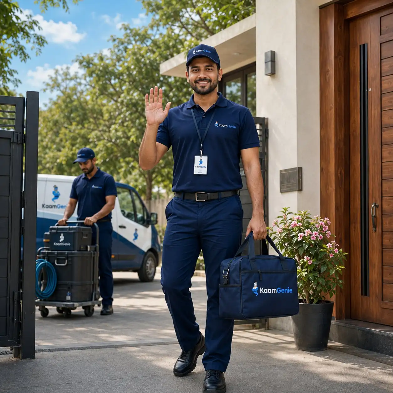 KaamGenie service professional arriving at a Delhi home with equipment ready for service