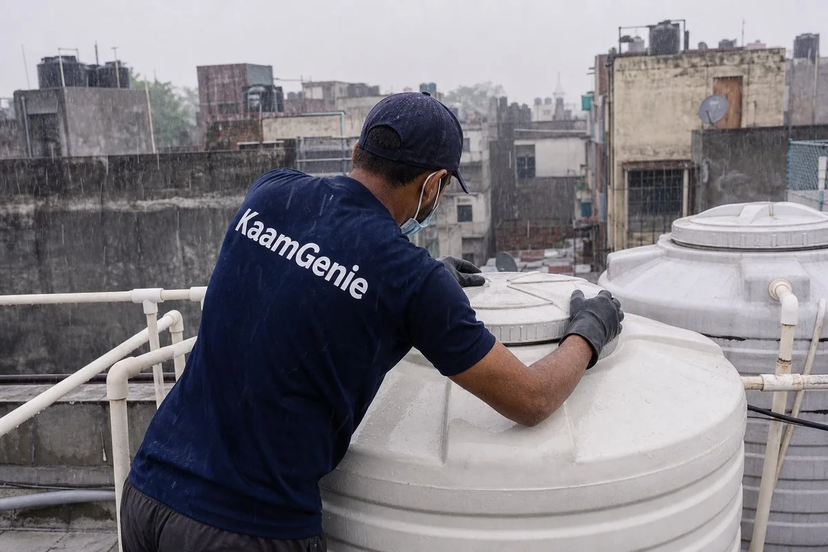 Technician sealing a water tank lid during monsoon rain in Delhi