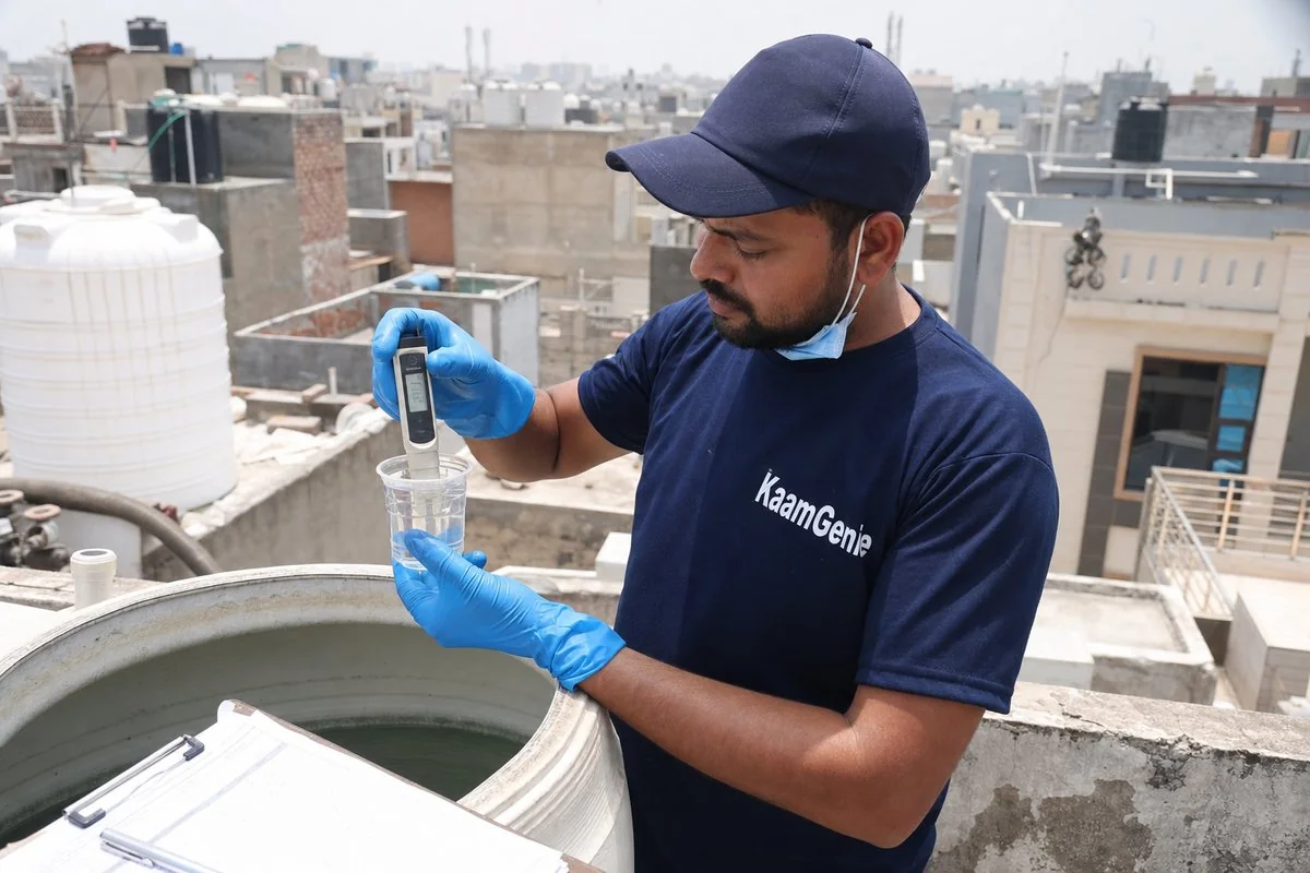 KaamGenie technician testing water TDS beside an open tank on a Delhi rooftop