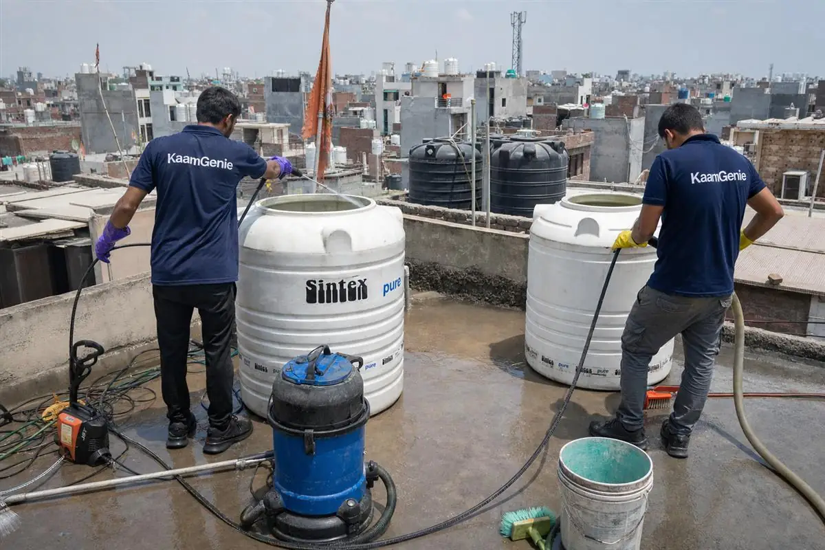 KaamGenie crew cleaning a water tank in Deoli, Delhi