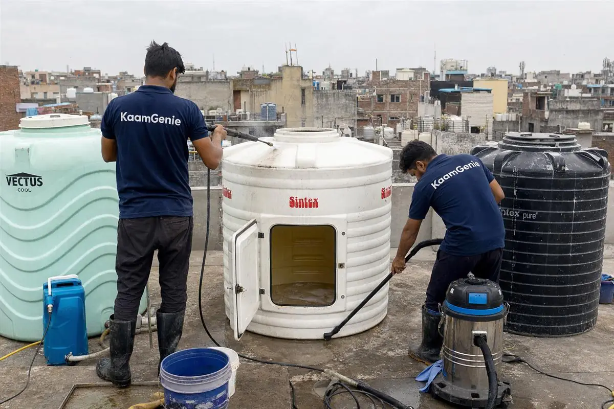 KaamGenie crew cleaning a water tank in Dera Mandi, Delhi