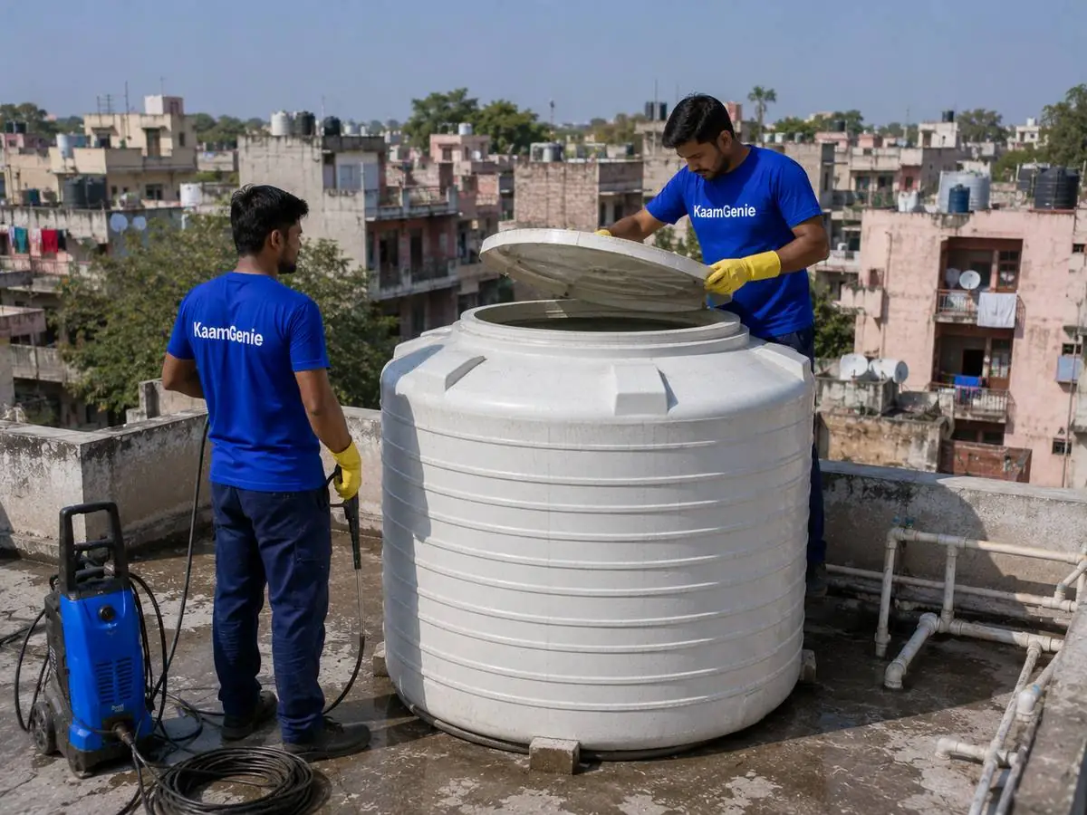 KaamGenie crew cleaning a water tank in Dilshad Garden, East Delhi