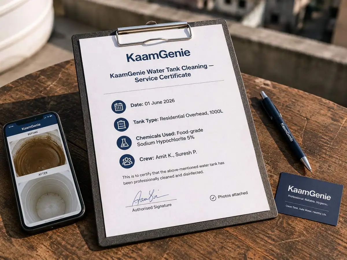 A signed KaamGenie water tank cleaning record on a clipboard showing date, tank type, capacity, chemicals used, crew names, and before/after photo references — the documentation that turns a cleaning into a record
