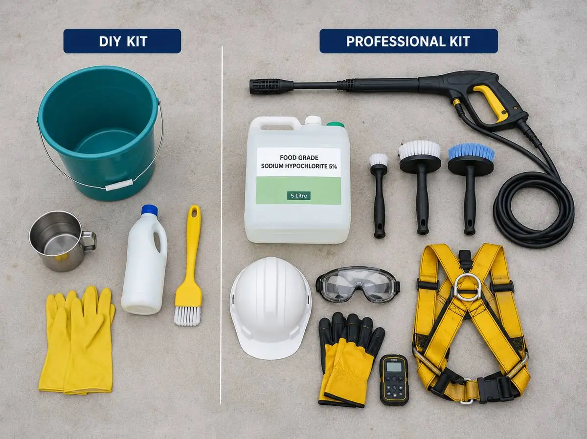Top-down photo showing a typical DIY cleaning kit (bucket, mug, household bleach bottle, kitchen brush) on the left, and a professional KaamGenie cleaning kit (jet wash, food-grade chemical can, multiple brushes, harness, gloves) on the right