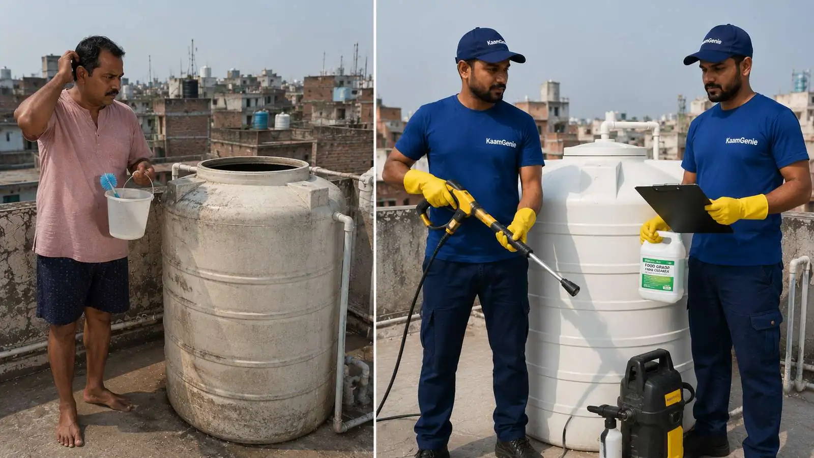 Side-by-side comparison of a homeowner attempting DIY tank cleaning with bucket and brush versus a KaamGenie professional crew with pressure washer and safety gear