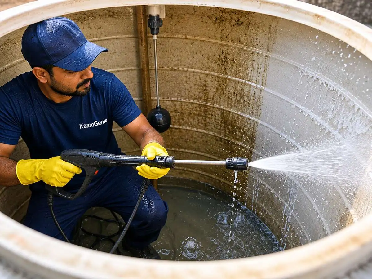 KaamGenie crew member using a high-pressure jet wash inside a residential overhead water tank, with visible spray pattern and clean water sheeting off the walls
