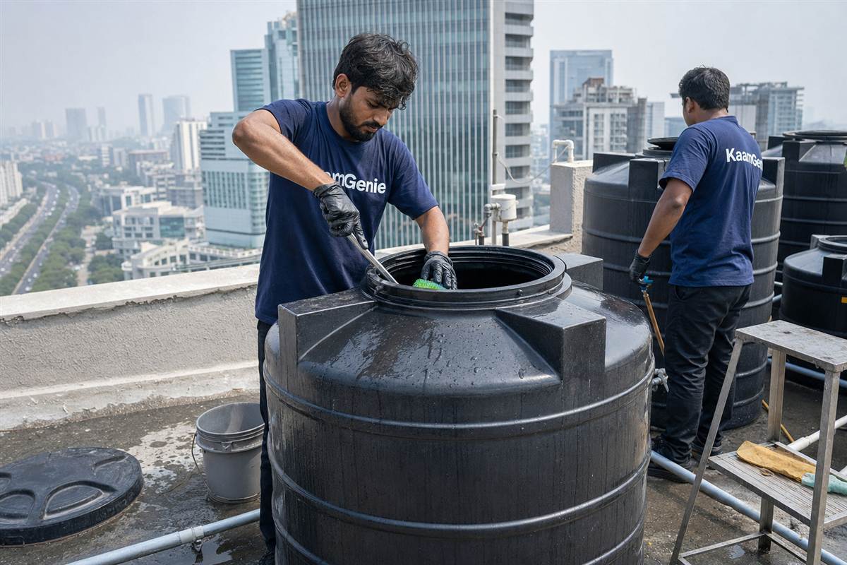 KaamGenie crew cleaning the underground reservoir of a luxury condominium tower in Gurgaon, with high-rise towers in the background