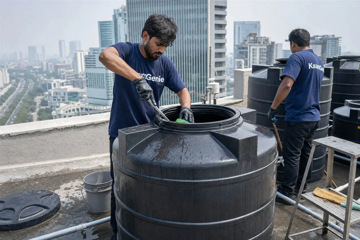 KaamGenie crew cleaning the underground reservoir of a luxury condominium tower in Gurgaon, with high-rise towers in the background