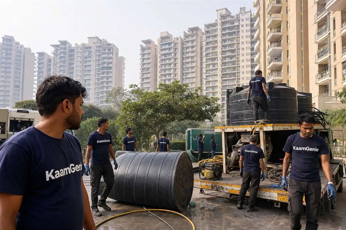 KaamGenie crew descending into a large underground reservoir in a Gurgaon condominium pump room with confined-space safety gear