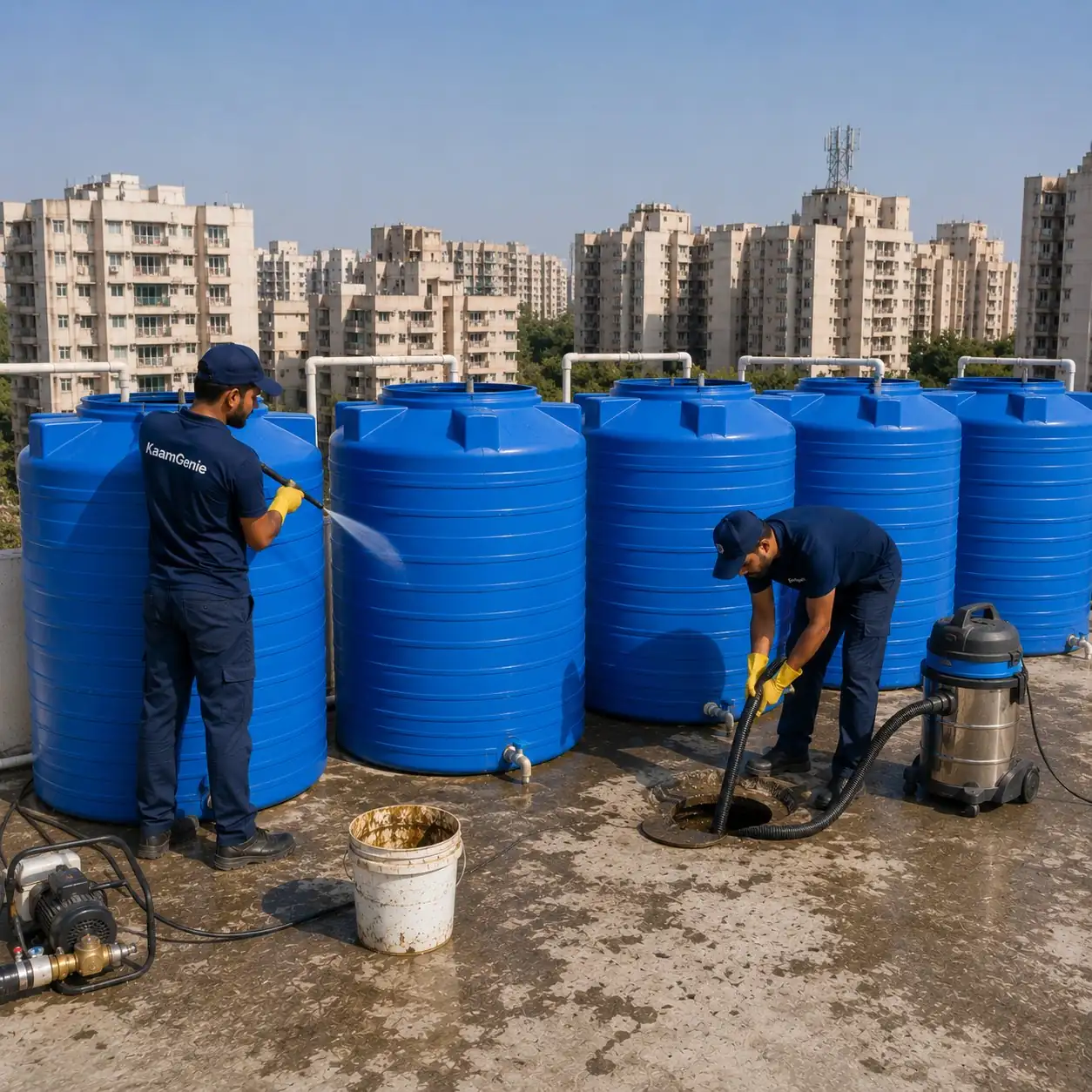 KaamGenie crew cleaning multiple 2000-litre overhead water tanks on a Dwarka Sector 10 group housing society rooftop