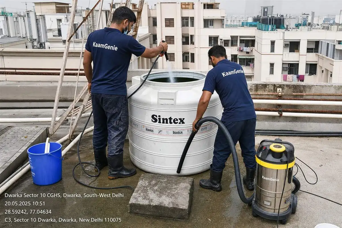 KaamGenie crew cleaning a water tank in Dwarka Sector 10, Delhi