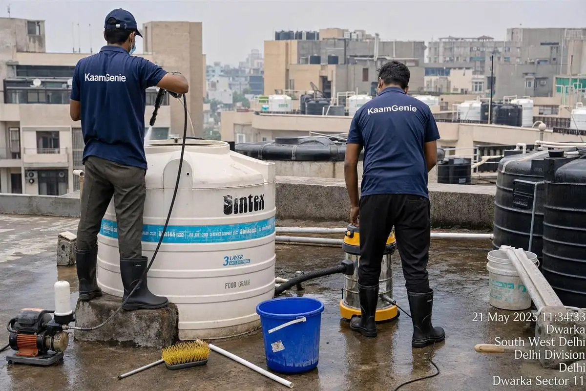 KaamGenie crew cleaning a water tank in Dwarka Sector 11, Delhi