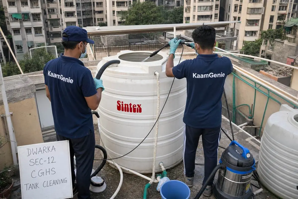 KaamGenie crew cleaning a water tank in Dwarka Sector 12, Delhi