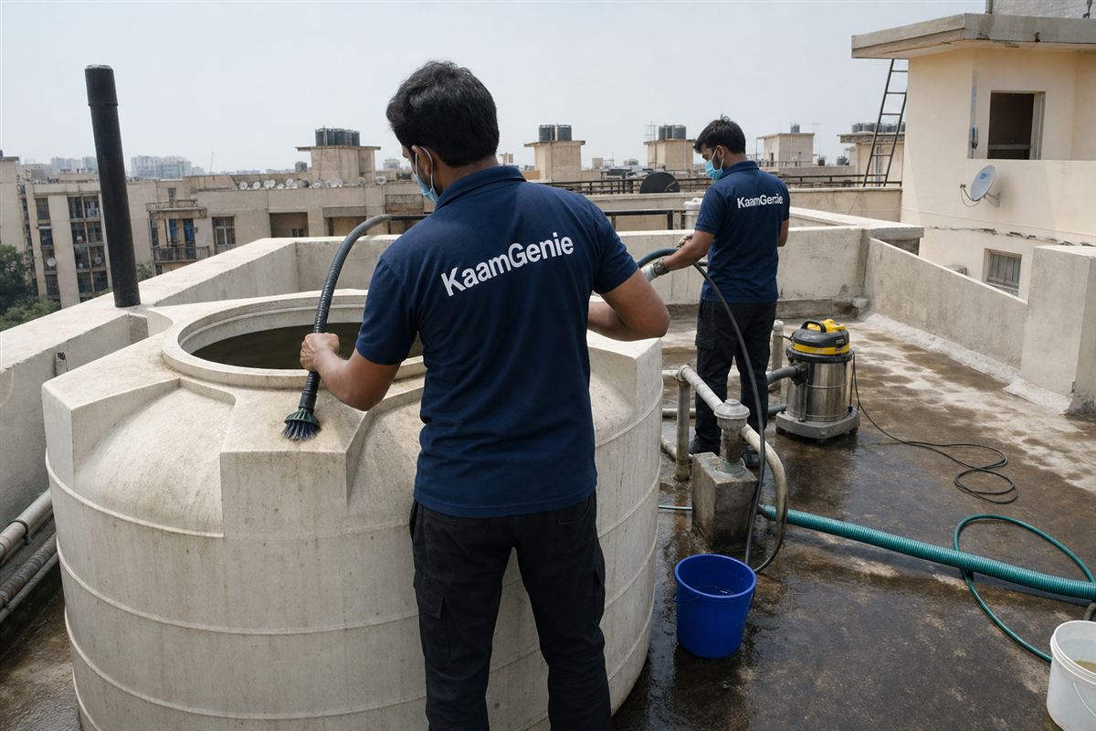 KaamGenie crew cleaning a water tank in Dwarka Sector 13, Delhi