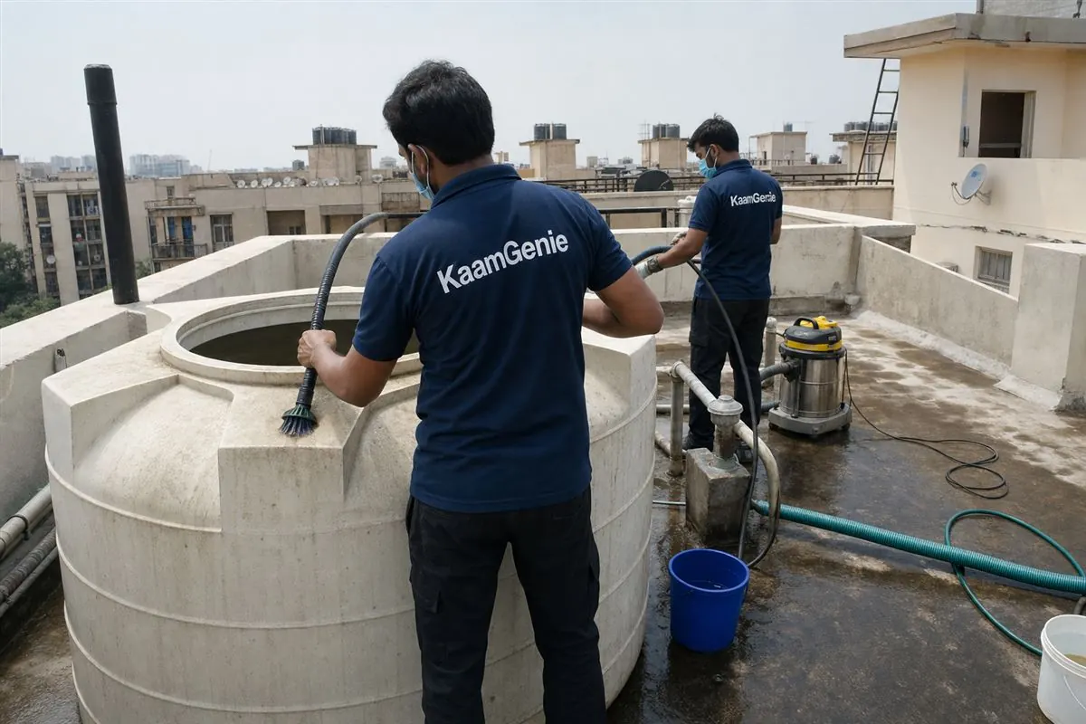 KaamGenie crew cleaning a water tank in Dwarka Sector 13, Delhi