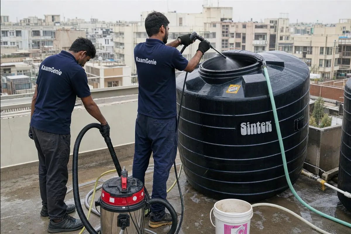 KaamGenie crew cleaning a water tank in Dwarka Sector 19, Delhi