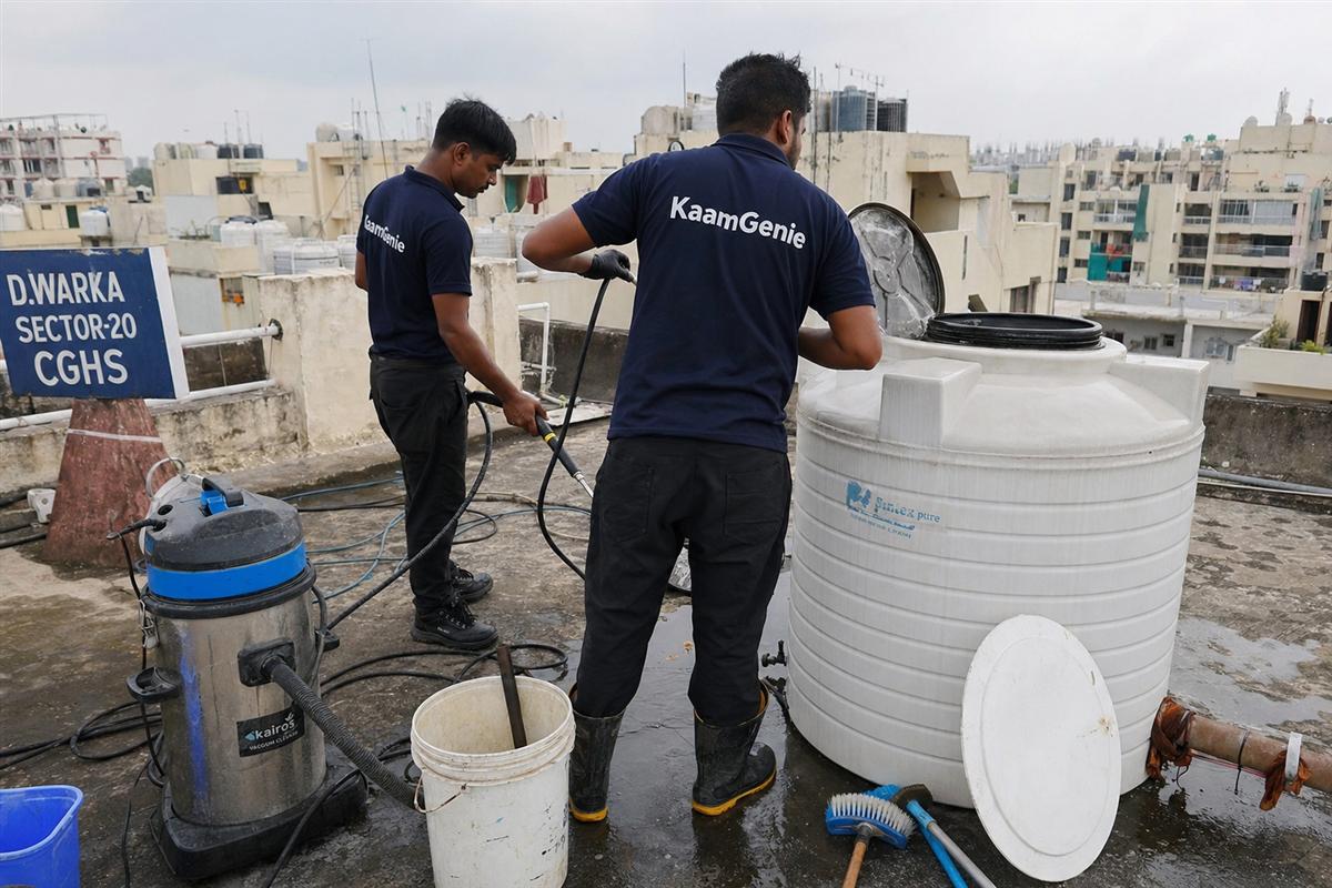 KaamGenie crew cleaning a water tank in Dwarka Sector 20, Delhi
