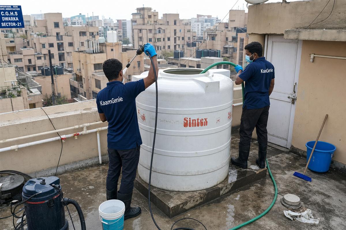 KaamGenie crew cleaning a water tank in Dwarka Sector 21, Delhi