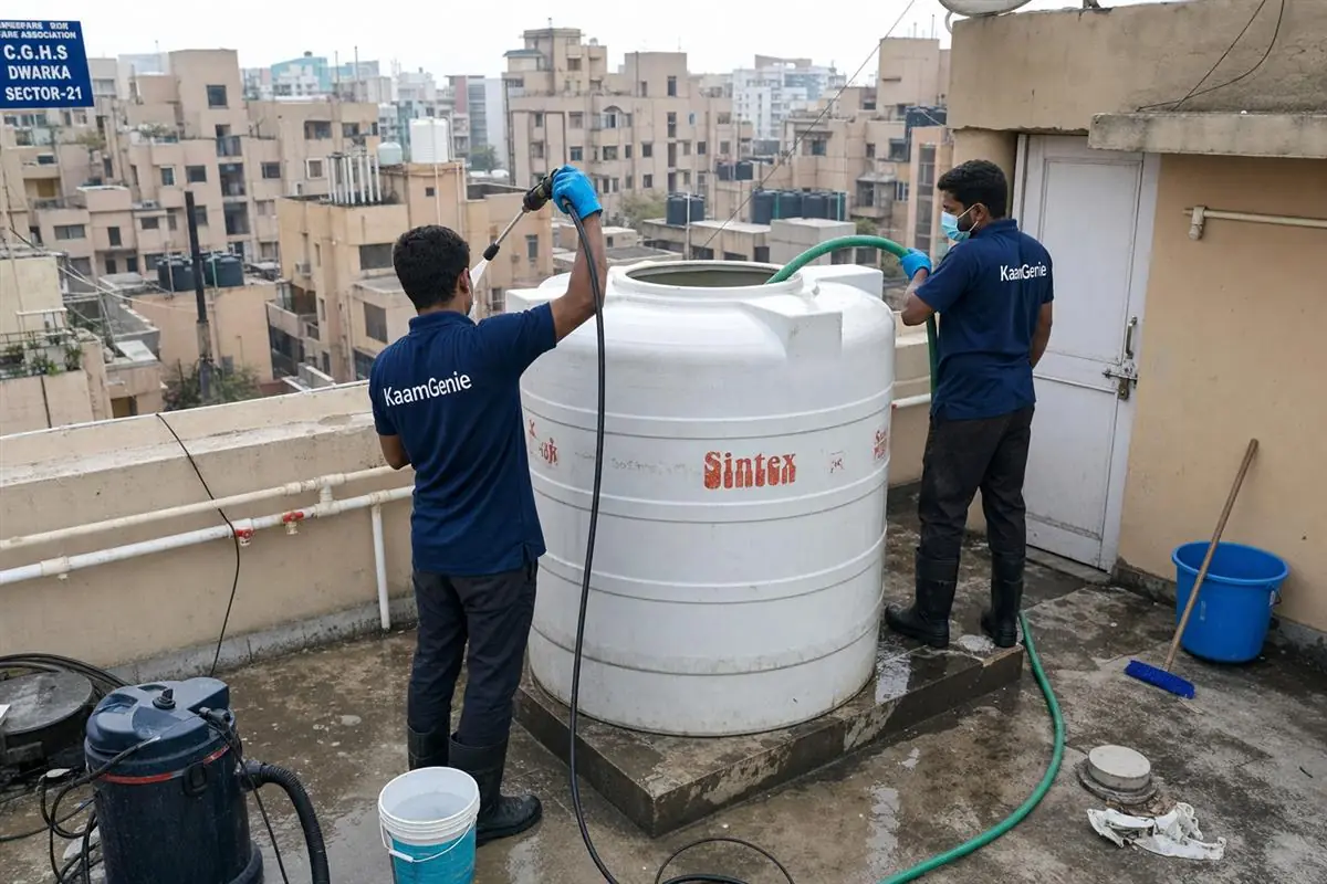 KaamGenie crew cleaning a water tank in Dwarka Sector 21, Delhi