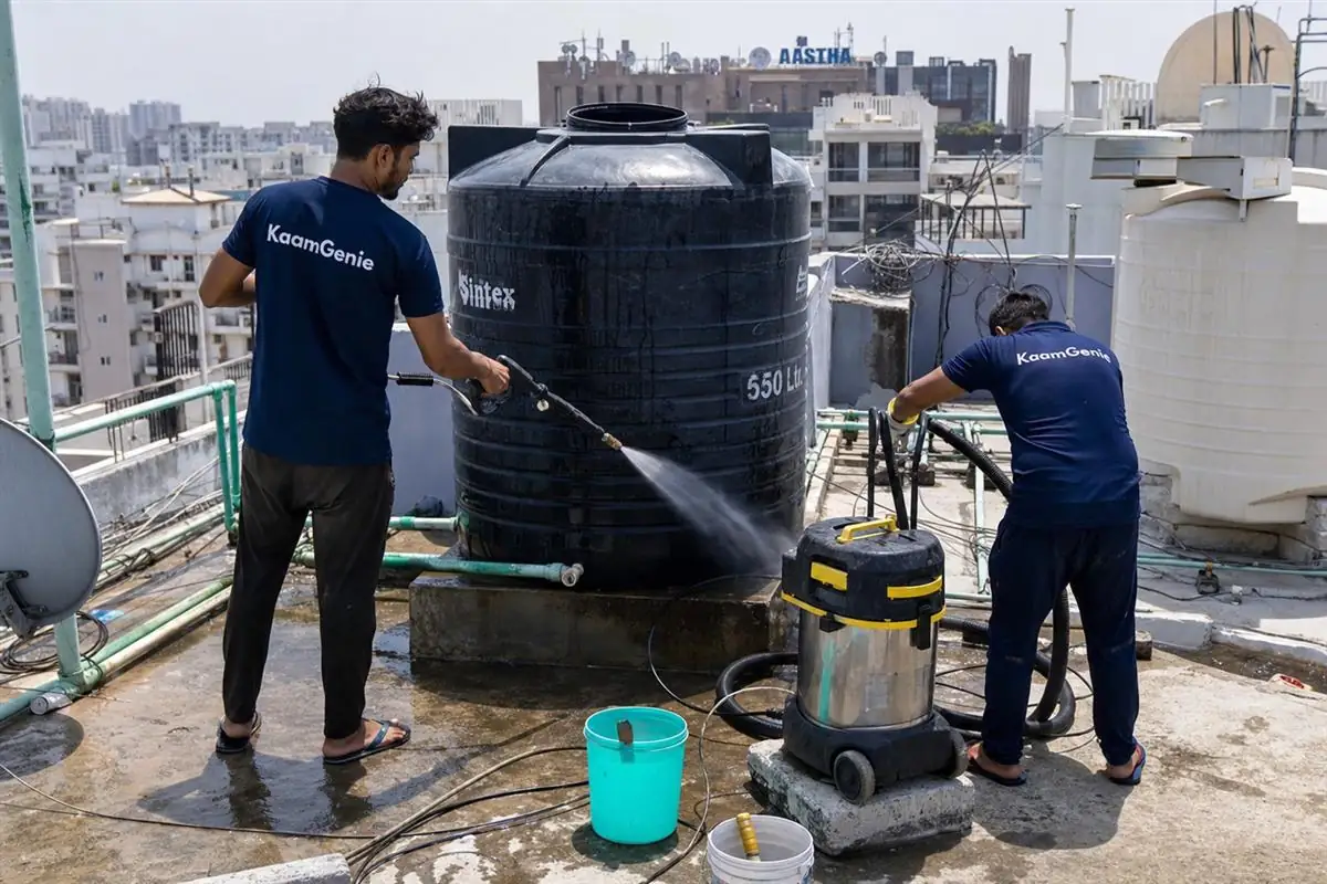 KaamGenie crew cleaning a water tank in Dwarka Sector 22, Delhi