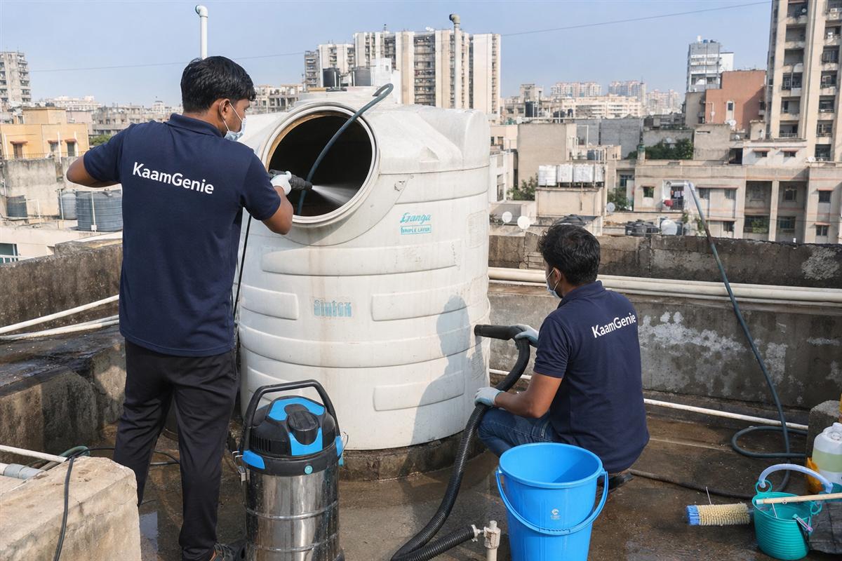 KaamGenie crew cleaning a water tank in Dwarka Sector 24, Delhi