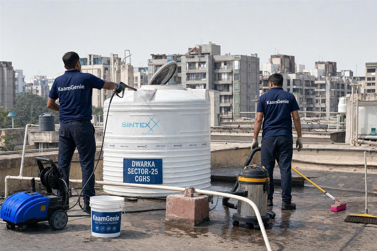 KaamGenie crew cleaning a water tank in Dwarka Sector 25, Delhi