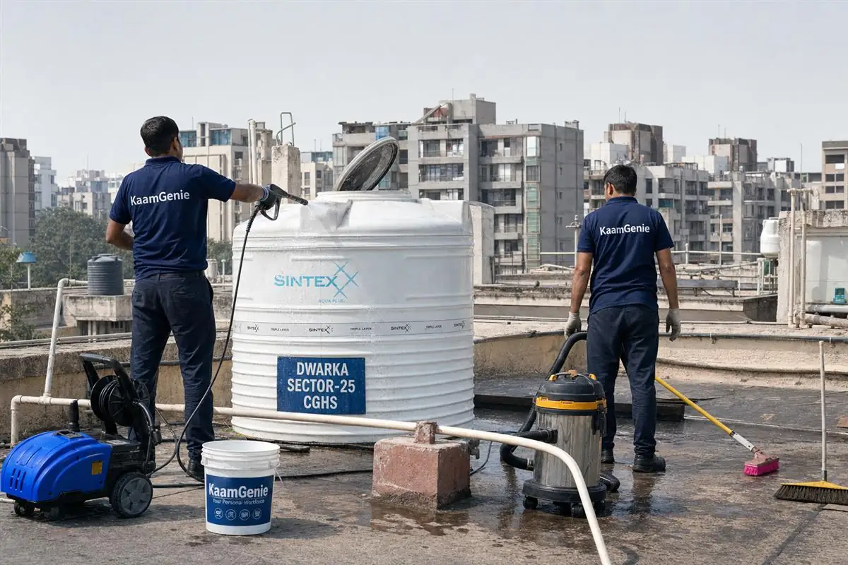 KaamGenie crew cleaning a water tank in Dwarka Sector 25, Delhi
