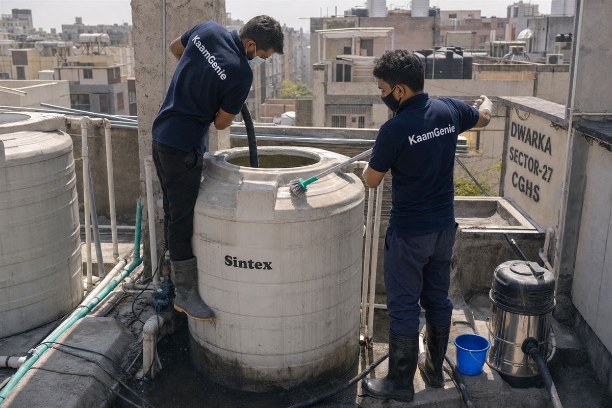 KaamGenie crew cleaning a water tank in Dwarka Sector 27, Delhi