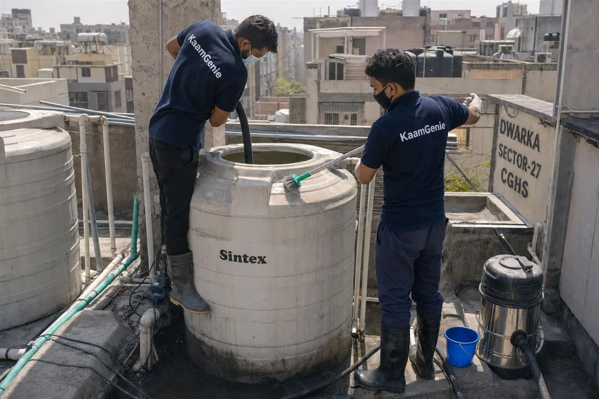 KaamGenie crew cleaning a water tank in Dwarka Sector 27, Delhi