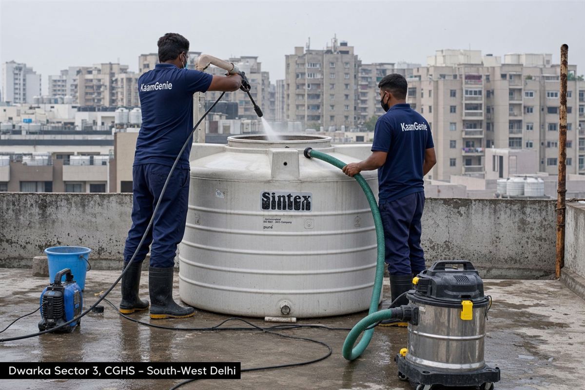 KaamGenie crew cleaning a water tank in Dwarka Sector 3, Delhi