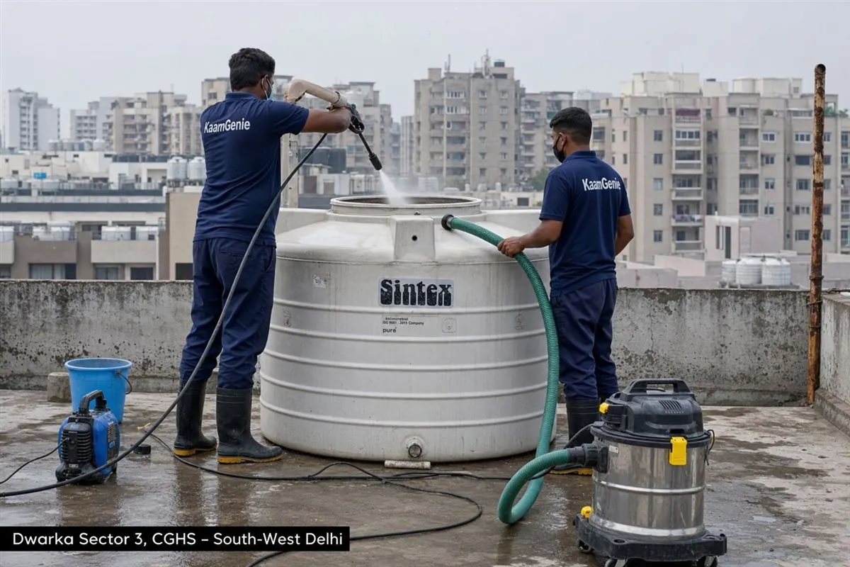 KaamGenie crew cleaning a water tank in Dwarka Sector 3, Delhi